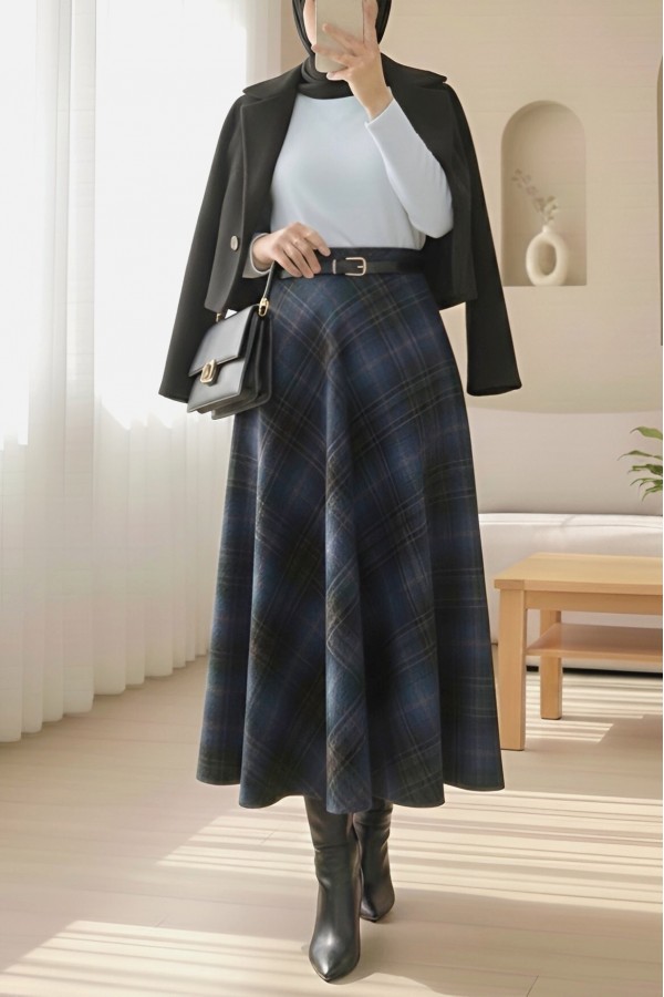 Plaid Patterned Side Zipper Cashmere A-Line Skirt -Navy blue