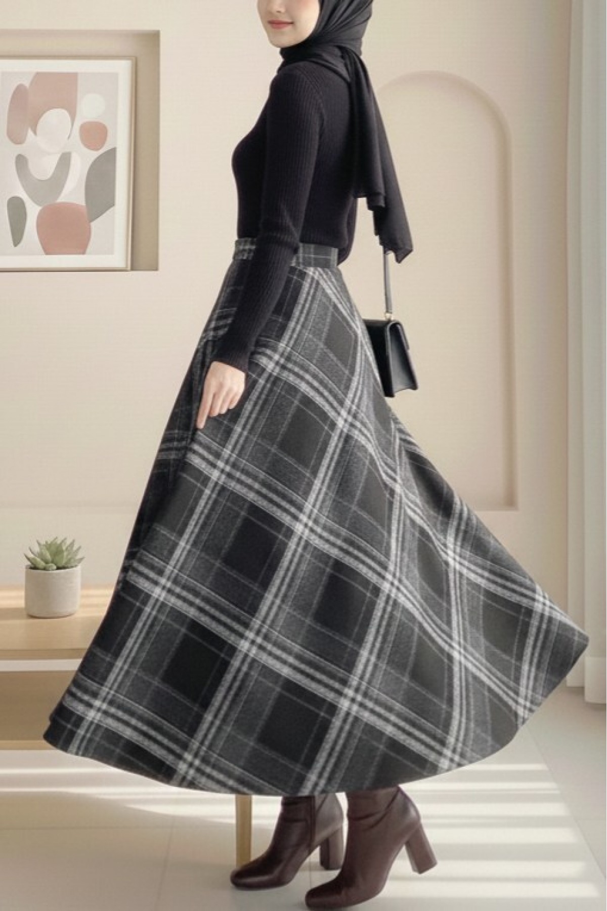 Plaid Patterned Side Zipper Cashmere A-Line Skirt -Black