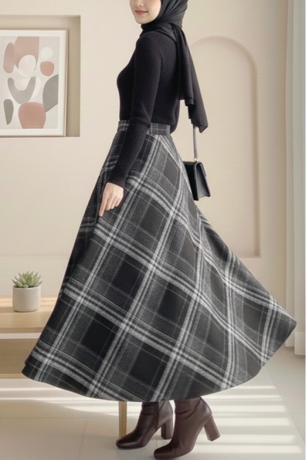 Plaid Patterned Side Zipper Cashmere A-Line Skirt -Black