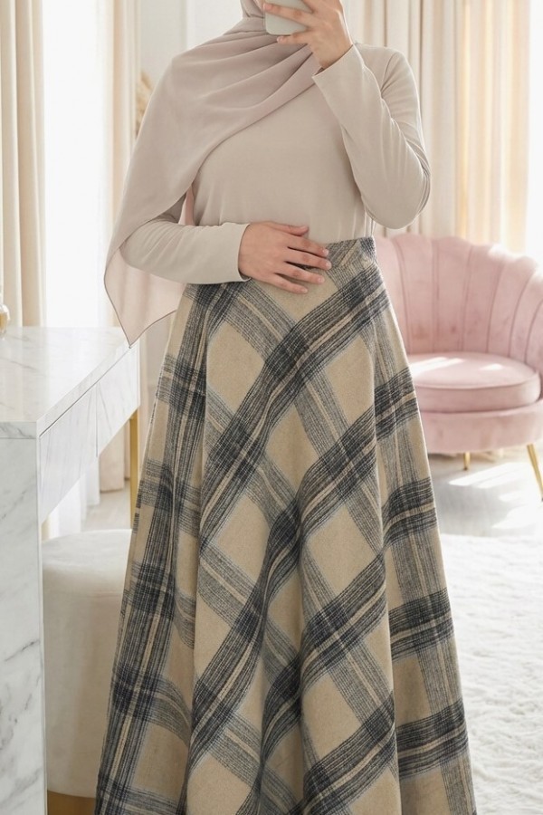 Plaid Patterned Side Zipper Cashmere A-Line Skirt -Mink color