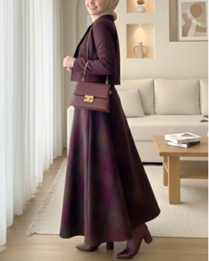 Plaid Patterned Side Zipper Cashmere A -Damson