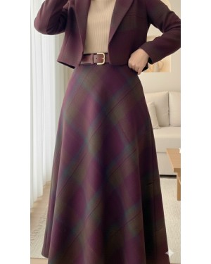 Plaid Patterned Side Zipper Cashmere A -Damson