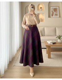 Ekose Desenli Yanı Fermuarlı  Kaşe Çan Etek  -Mürdüm