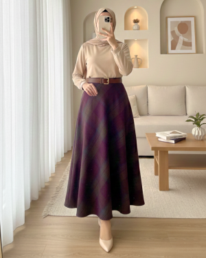 Plaid Patterned Side Zipper Cashmere A -Damson