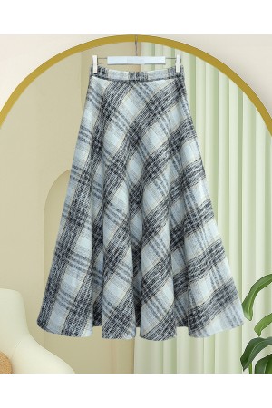 Ekose Desenli Yanı Fermuarlı  Kaşe Çan Etek   -Krem