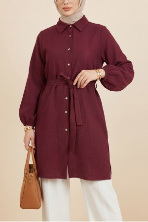Kolu Lastikli Beli Bağcıklı Uzun Müslin Tunik -Bordo