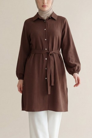 Kolu Lastikli Beli Bağcıklı Uzun Müslin Tunik -Kahve