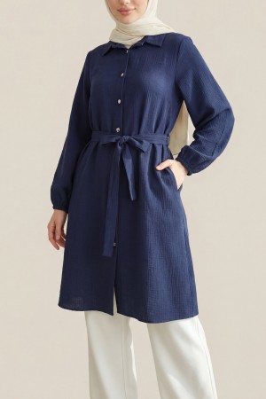 Kolu Lastikli Beli Bağcıklı Uzun Müslin Tunik -Laci