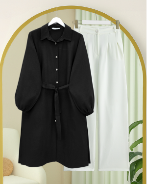 تونيك طويل من الموسلين بأساور مطاطية وخصر برباط -أسود