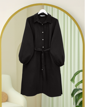 تونيك طويل من الموسلين بأساور مطاطية وخصر برباط -أسود