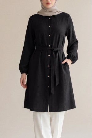 Kolu Lastikli Beli Bağcıklı Uzun Müslin Tunik -Siyah