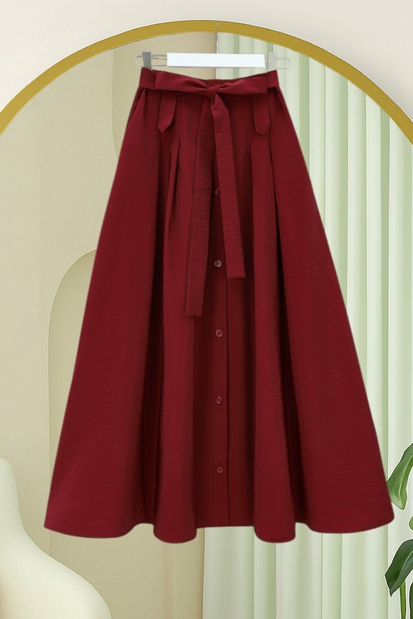 Button-front, lace-up parachute skirt -Maroon