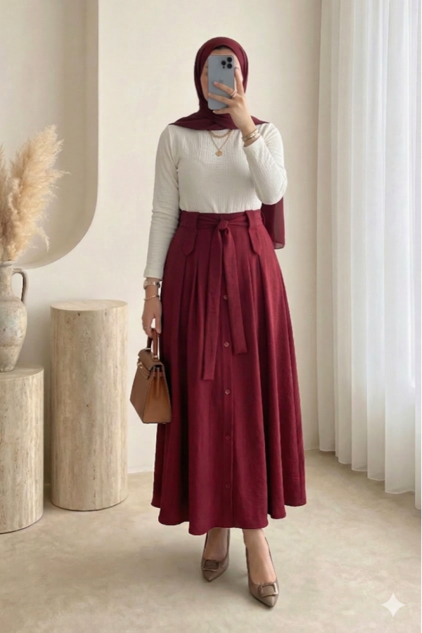 Button-front, lace-up parachute skirt -Maroon