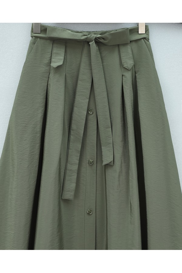 Button-front, lace-up parachute skirt -Khaki