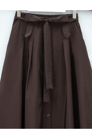 Button-front, lace-up parachute skirt -Brown