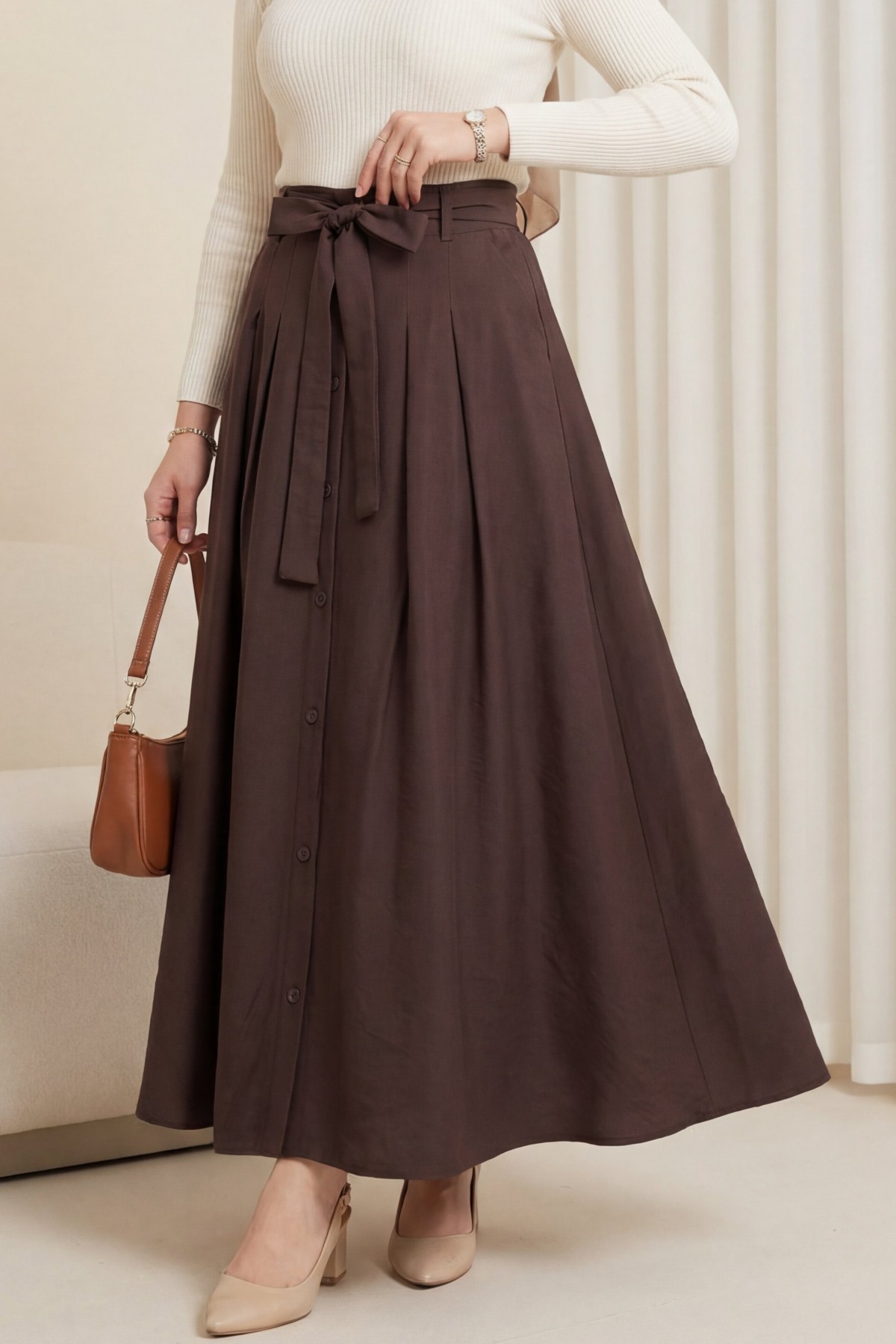 Button-front, lace-up parachute skirt -Brown