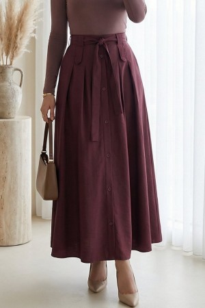 Önü Düğmeli Bağcıklı Paraşüt Etek -Mürdüm