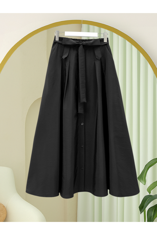 Button-front, lace-up parachute skirt -Black