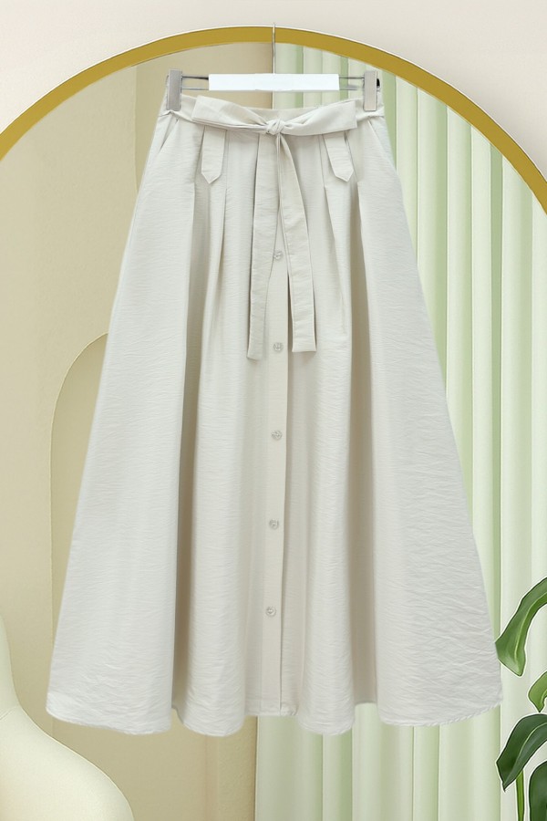 Button-front, lace-up parachute skirt -Stone
