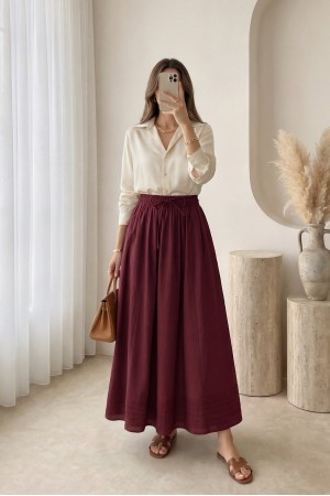 Beli Lastikli Cepli Dikiş Detaylı Etek -Bordo