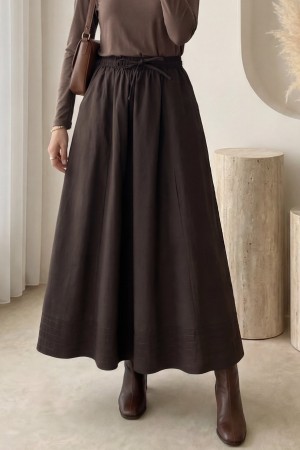 Beli Lastikli Cepli Dikiş Detaylı Etek  -K. Kahve