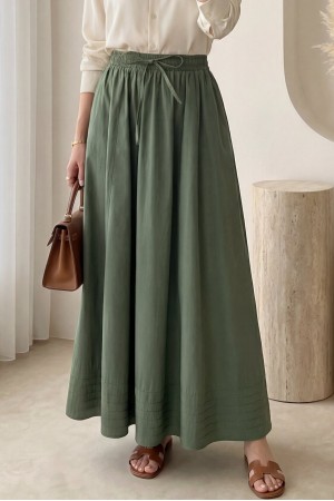 Beli Lastikli Cepli Dikiş Detaylı Etek  -Koyu Yeşil