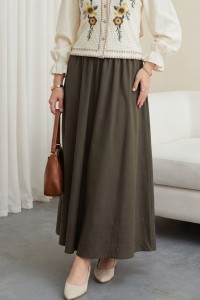 Beli Lastikli Cepli Dikiş Detaylı Etek  -Koyu Yeşil