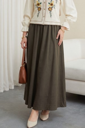 Beli Lastikli Cepli Dikiş Detaylı Etek  -Koyu Yeşil