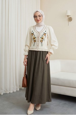 Beli Lastikli Cepli Dikiş Detaylı Etek  -Koyu Yeşil