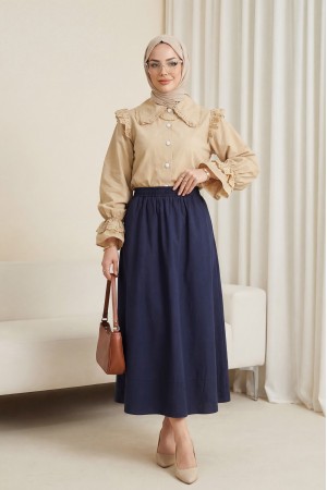 Beli Lastikli Cepli Dikiş Detaylı Etek  -Laci