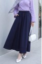 Skirt with Elastic Waist, Pockets and Stitching Details -Navy blue