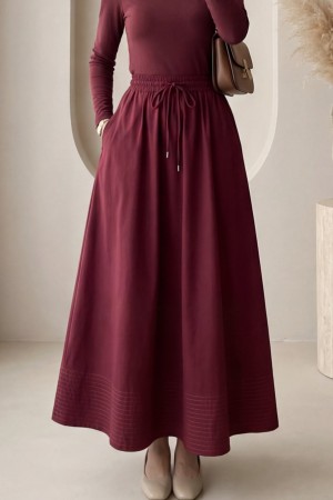 Beli Lastikli Cepli Dikiş Detaylı Etek  -Mürdüm