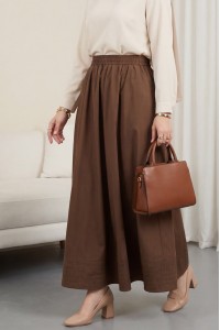 Beli Lastikli Cepli Dikiş Detaylı Etek  -Taba