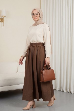 Beli Lastikli Cepli Dikiş Detaylı Etek  -Taba