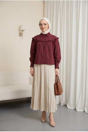 Beli Lastikli Kraş Etek -Bej