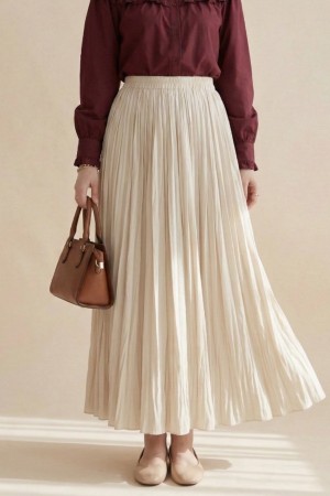 Beli Lastikli Kraş Etek -Bej