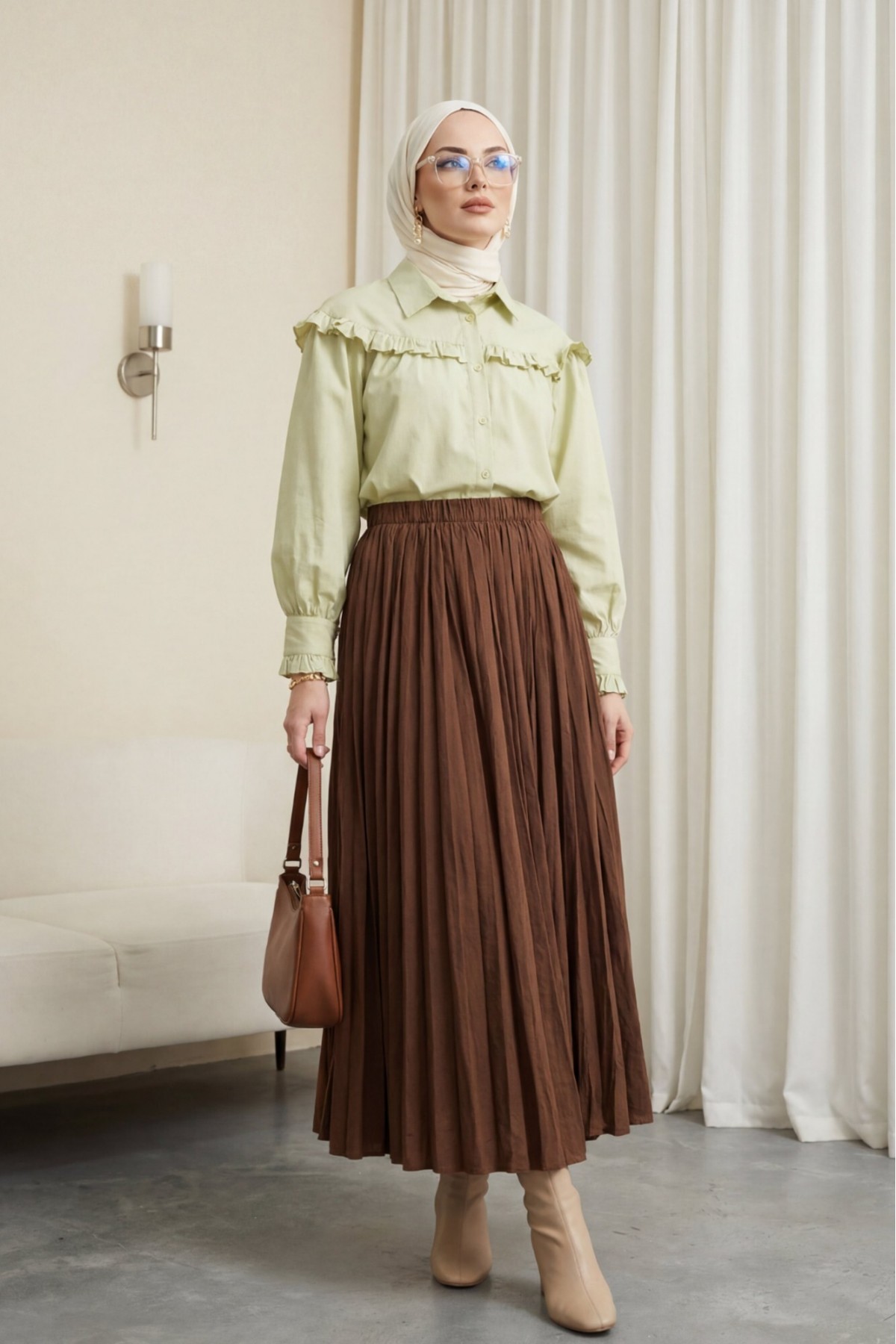 Elastic Waist Flared Skirt -Brown