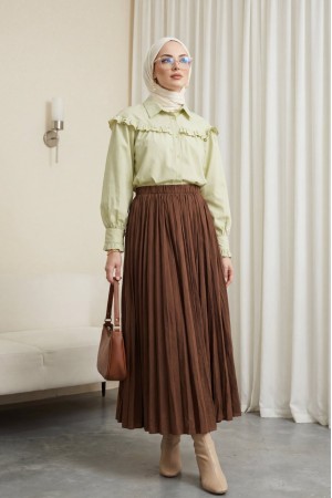 Beli Lastikli Kraş Etek -Kahve