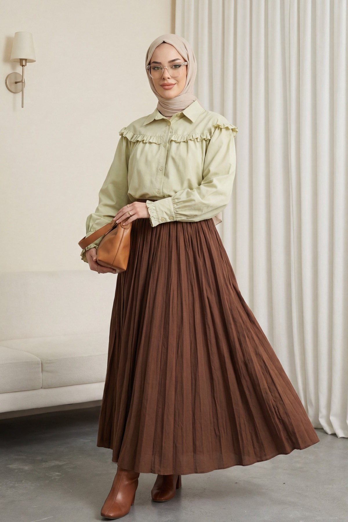 Elastic Waist Flared Skirt -Brown