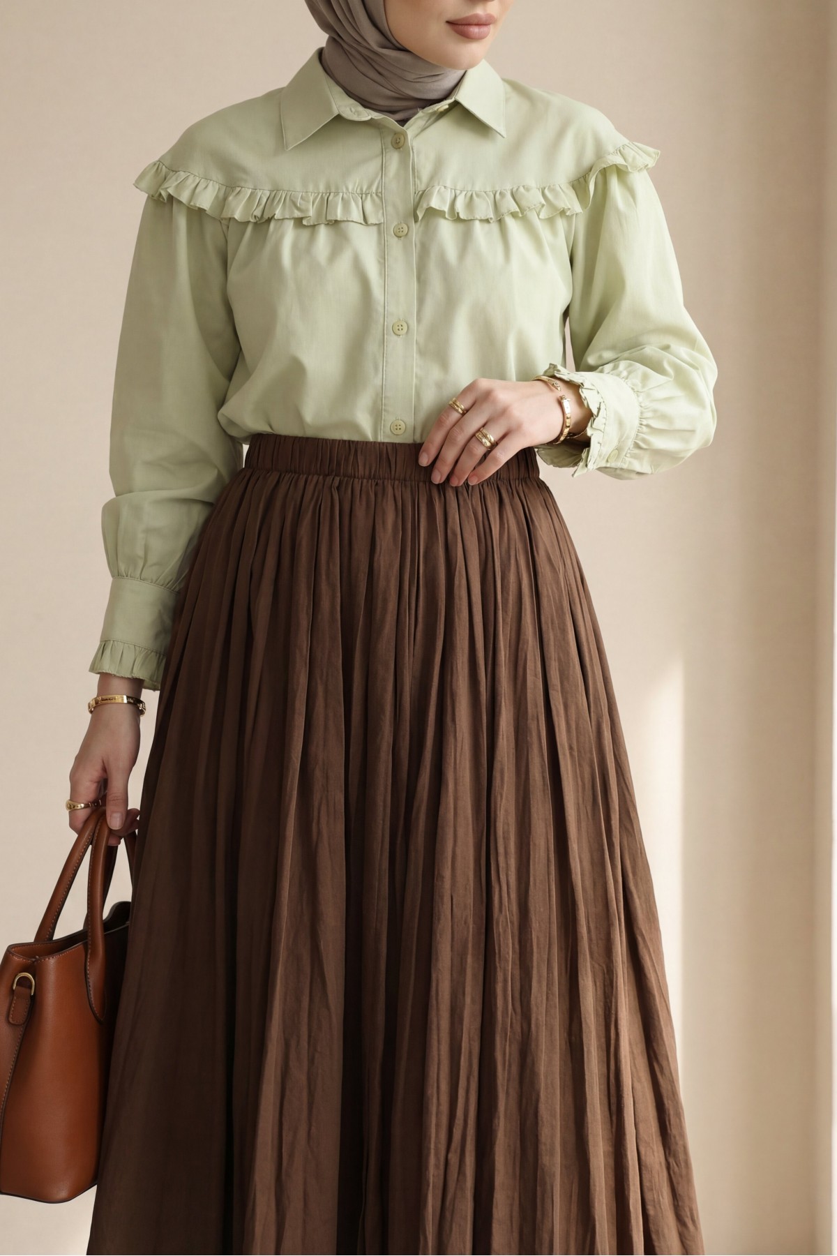 Elastic Waist Flared Skirt -Brown