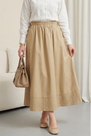 Beli Lastikli Cepli Dikiş Detaylı Etek   -Açık Vizon
