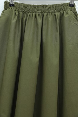 Skirt with Elastic Waist, Pockets and Stitching Details   -Olive