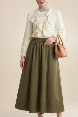 Skirt with Elastic Waist, Pockets and Stitching Details   -Olive