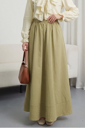 Beli Lastikli Cepli Dikiş Detaylı Etek -Yağ Yeşili