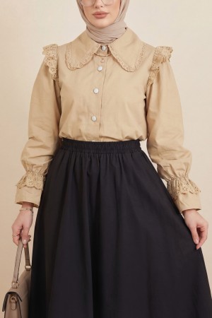 Beli Lastikli Cepli Dikiş Detaylı Etek -Siyah