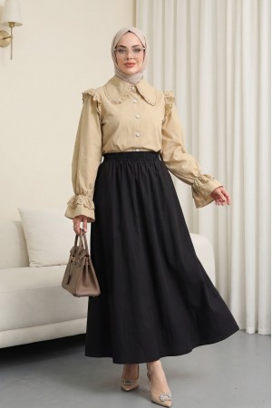 Beli Lastikli Cepli Dikiş Detaylı Etek -Siyah