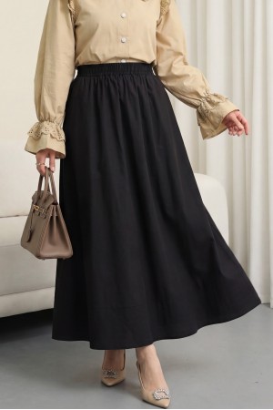 Beli Lastikli Cepli Dikiş Detaylı Etek -Siyah