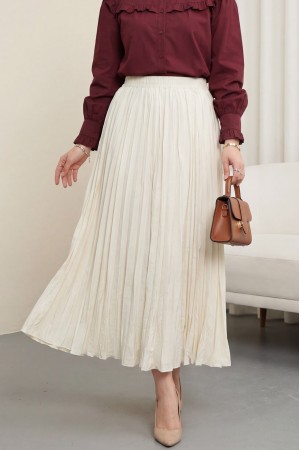 Beli Lastikli Kraş Etek  -Ekru