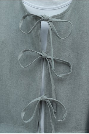 Önü Bağcıklı Beli Lastikli Etekli Keten Takım        -Gri