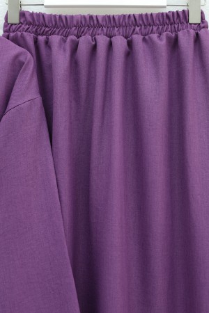 Önü Bağcıklı Beli Lastikli Etekli Keten Takım        -Mor